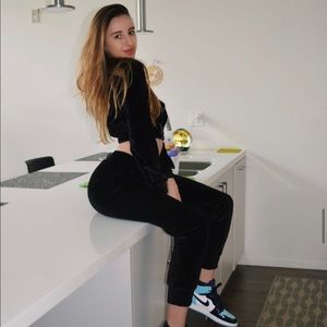 Black Velvet Crop Top Tracksuit Set
